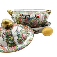 Antique Asian Tureen, Large, Lidded with Meat Platter, Geisha Design, Gold Handles, Soup Server, Beautiful, Late 1800s, Wedding Gift