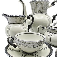 Demitasse Set, Mitterteich Bavaria, 9pcs with Teapot, Creamer, Sugar Bowl, 2 Cups, 2 Saucers, Creamy White with Deep Silver Trim, Germany