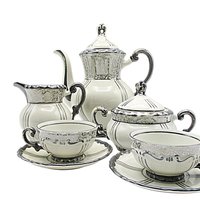 Demitasse Set, Mitterteich Bavaria, 9pcs with Teapot, Creamer, Sugar Bowl, 2 Cups, 2 Saucers, Creamy White with Deep Silver Trim, Germany