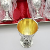 Set of 6 Liquors, or Cordials, Metal Silver Tone Exterior, Gold Toned Interior, Original Packaging, Never Used, Made in Japan