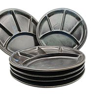 Grill Plates, Set of 6, Dark Brown Pottery, Blue Glazing, Vintage Hand Crafted, Casual Dining, Divided Plates