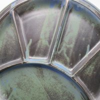 Grill Plates, Set of 6, Dark Brown Pottery, Blue Glazing, Vintage Hand Crafted, Casual Dining, Divided Plates