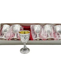 Set of 6 Liquors, or Cordials, Metal Silver Tone Exterior, Gold Toned Interior, Original Packaging, Never Used, Made in Japan