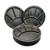 Grill Plates, Set of 6, Dark Brown Pottery, Blue Glazing, Vintage Hand Crafted, Casual Dining, Divided Plates