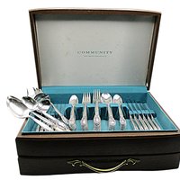 Ballad or Country Rose, Silver Plate,  Flatware Set, 12 Place Settings and Serving Pieces, Community Plate, Wooden Case, 77 Pieces Total