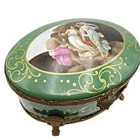 Antique Dresser Box, Jewelry Casket or Box, FBS, France, Hand Painted and Signed, Deep Green Porcelain, Brass Filigree, Footed