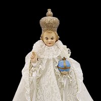 Infant of Prague Chalkware Statue with Cloak and Robe, Laced Brocade Fabric, 13 Inches Tall, Religious Statue Decor