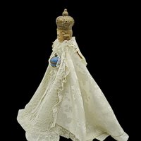 Infant of Prague Chalkware Statue with Cloak and Robe, Laced Brocade Fabric, 13 Inches Tall, Religious Statue Decor