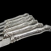 Antique Rogers Avon Dinner Knives, Hollow Handles, Blunt Blades, Silver Plate, Highly Ornate, Very Old, 1901, Set of 6