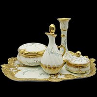 Limoges Dresser Set, 8pc, Limoges France, Powder Box, Pin Box, Candle Holder, Tray, Heavy Gold Gilt, Martial Redon, Anniversary Gift