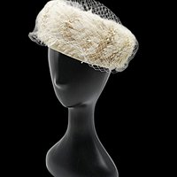 Ladies Vintage Hat Dressy, Faux Pearls, Sequins and Netting, Creamy White, Pillbox Style, Wedding Hat, L Strauss