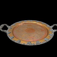 Large Copper Serving Tray, Heavy Ornate Trim and Handles, 18 Inch Diameter, French Farmhouse Country Kitchen Decor, Federal Silver on Copper