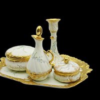 Limoges Dresser Set, 8pc, Limoges France, Powder Box, Pin Box, Candle Holder, Tray, Heavy Gold Gilt, Martial Redon, Anniversary Gift