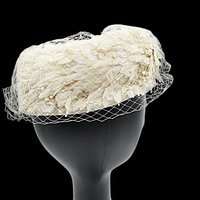 Ladies Vintage Hat Dressy, Faux Pearls, Sequins and Netting, Creamy White, Pillbox Style, Wedding Hat, L Strauss