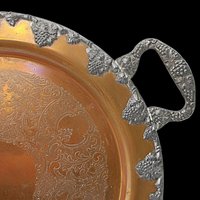 Large Copper Serving Tray, Heavy Ornate Trim and Handles, 18 Inch Diameter, French Farmhouse Country Kitchen Decor, Federal Silver on Copper