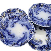 Flow Blue Butter Pats, Set of 6, WH Grindley Argyle Pattern, Gold Highlights, Great Condition
