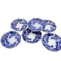 Flow Blue Butter Pats, Set of 6, WH Grindley Argyle Pattern, Gold Highlights, Great Condition