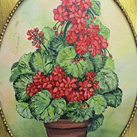 Original Oil Painting Red Geraniums, Gold Frame, 19 X 15 Inches, Farmhouse or French Country Wall Decor