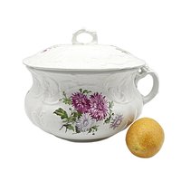 Chamber Pot, Dresden China, Lidded, Lavender and Violet Florals, Deeply Embossed, Wonderful Condition, Antique Bath Decor, French Country