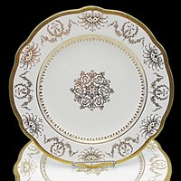 Coalport Dinner Plates for Marshall Fields, Set of 4, Gold Pattern on White, Center Medallion, Made in England, Wedding or Anniversary Gift