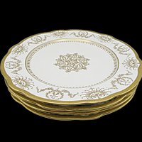 Coalport Dinner Plates for Marshall Fields, Set of 4, Gold Pattern on White, Center Medallion, Made in England, Wedding or Anniversary Gift