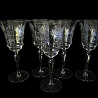 Mid Century Wine Glasses Etched Florals, 1960s, Set of 5, Highly Reflective, Excellent Condition