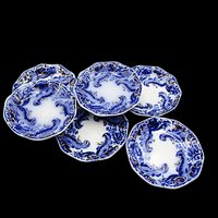 Flow Blue Butter Pats, Set of 6, WH Grindley Argyle Pattern, Gold Highlights, Great Condition