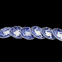 Flow Blue Butter Pats, Set of 6, WH Grindley Argyle Pattern, Gold Highlights, Great Condition
