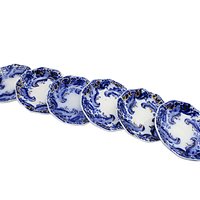 Flow Blue Butter Pats, Set of 6, WH Grindley Argyle Pattern, Gold Highlights, Great Condition