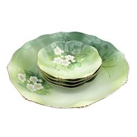 Authentic RS Germany Berry Set 5pc, Green with White Flowers, Scalloped, Wonderful Condition, Dessert Set