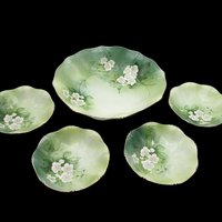 Authentic RS Germany Berry Set 5pc, Green with White Flowers, Scalloped, Wonderful Condition, Dessert Set