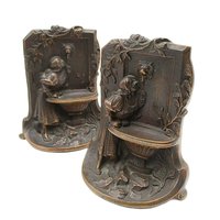 Solid Bronze Bookends, Girl at Fountain, Lions Head Faucet, Antique Heavy Bookends, Old World French Decor, Art Nouveau, 1920s