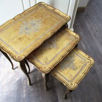 Italian Gold Florentine Nesting Tables, Set of 3, Gold Gilt and Silver Blue Gray, Wonderful Condition, Aged to Perfection, Made in Italy