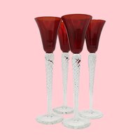 Red Cordials or Liquor Glasses, Long Stemmed, Spiral Stem, Elegant Romantic Barware, Gift for Valentines Day, Excellent Condition, Set of 4