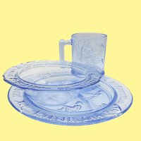 Childs Dinnerware, Tiara Indiana Glass Blue 3pc Set, Bowl, Divided Plate and Mug Cup, Nursery Rhymes, Gift for Baby Shower or Grandchild