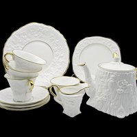 Royal Stafford Old English Oak, 16pc Tea Set, Leaves, Berries, Ivy, Embossed White with Gold Trim, Wonderful Condition, England 1930s