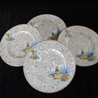 Victorian Lady Bread Plates, Empire England, Spring Florals with Gold Borders and Gold Flowers, Tablescaping, Set of 4