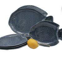 Fish Serving Set, 5pc, Platter and Side Plates, Sushi Set, Slate Blue Gray, Deep Relief, Tropical Dishes, MCI Japan, Wedding Gift, 1960s