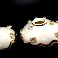 Candle Holders Mid Century, Holt Howard, Pair of Creamy White 22kt Gold Trim, Spaghetti Flower, Scalloped, Make Offer