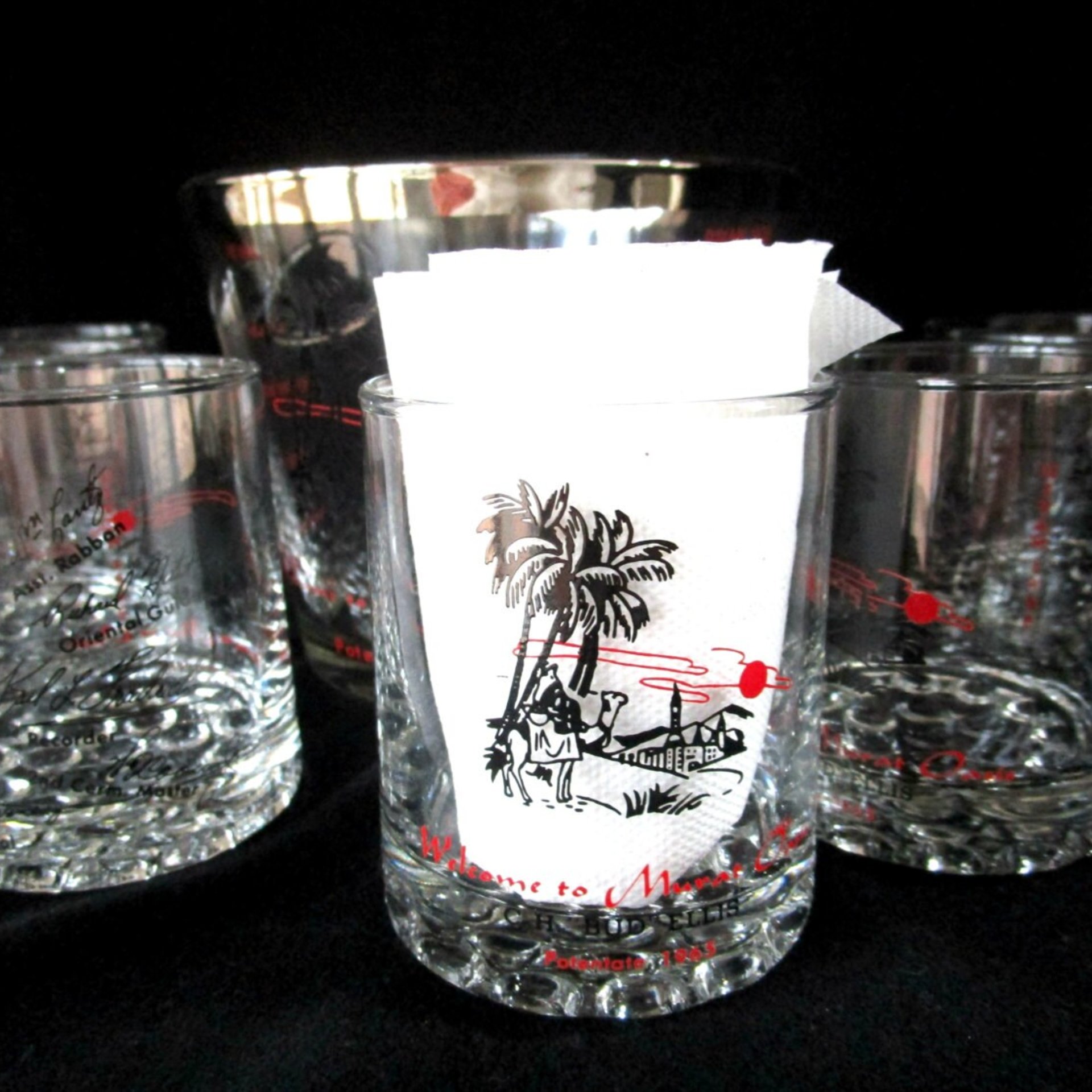 Freemason Masonic Barware, Set of 6 Lowballs and Ice Bucket, Shriners Bar Glasses 1965, Murat Oasis, Murat Temple, Make Offer