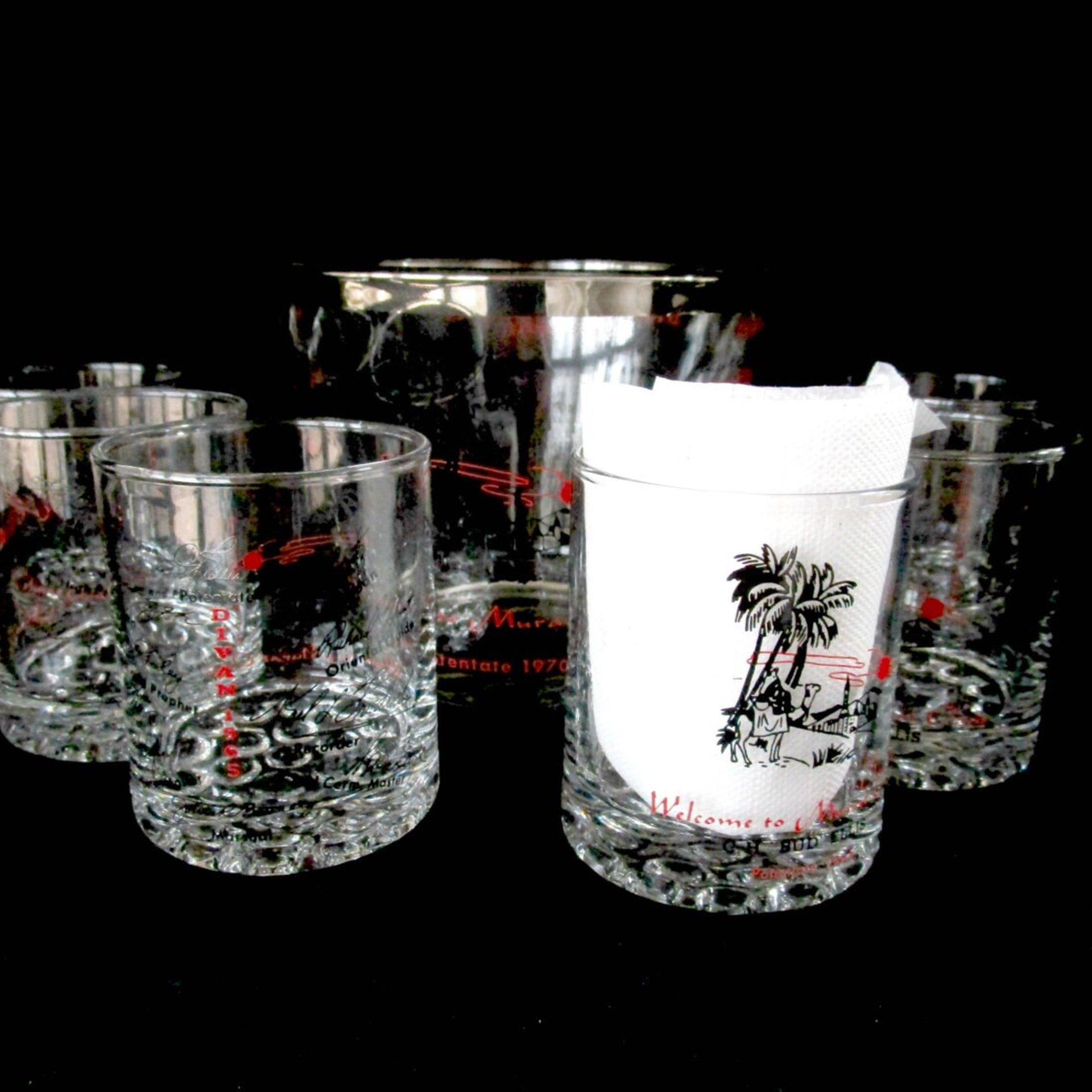 Freemason Masonic Barware, Set of 6 Lowballs and Ice Bucket, Shriners Bar Glasses 1965, Murat Oasis, Murat Temple, Make Offer