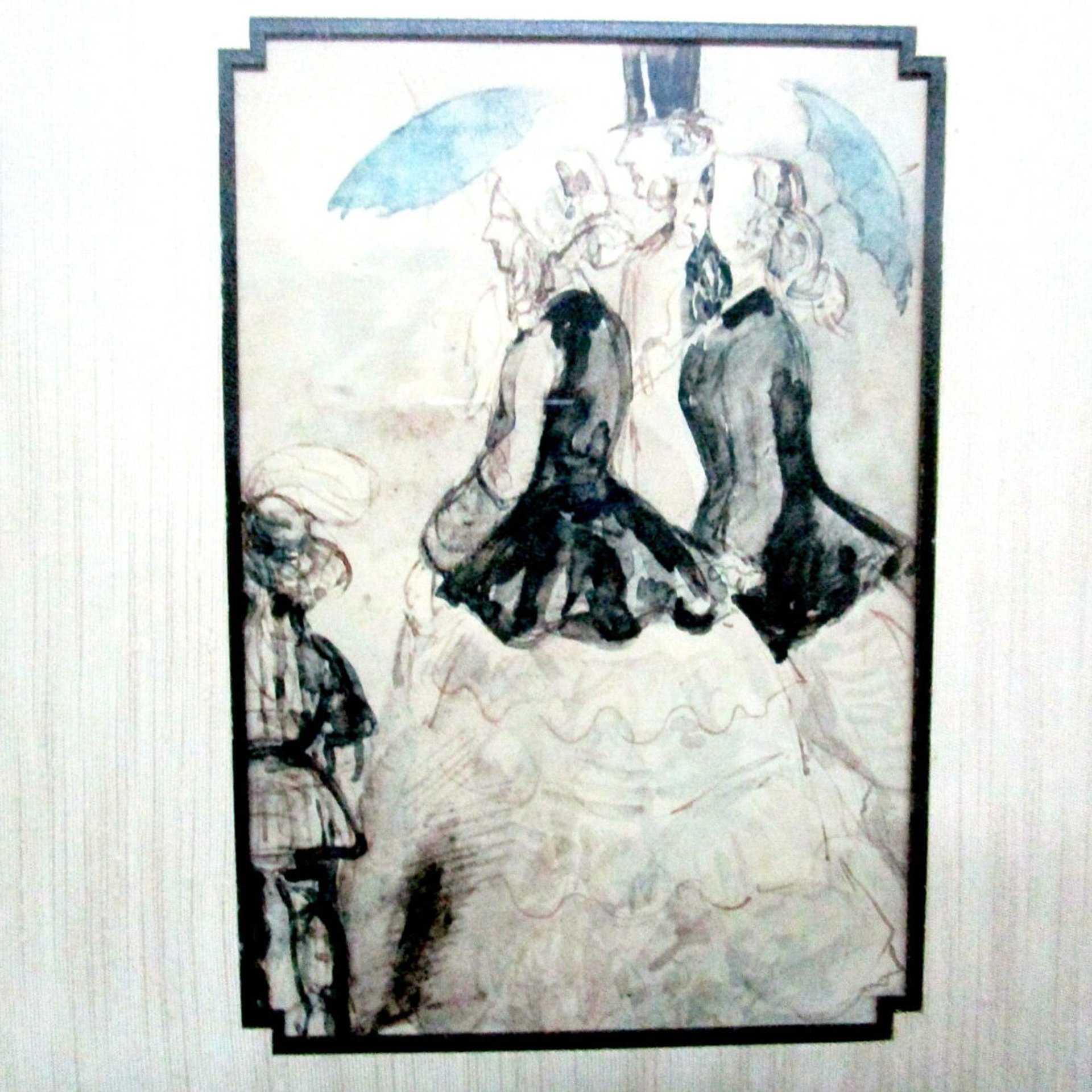 Victorian Etching, Watercolor, Victorian Ladies and Gentleman with Umbrella, Matted and Framed, Victorian Decor, Vintage Gifts