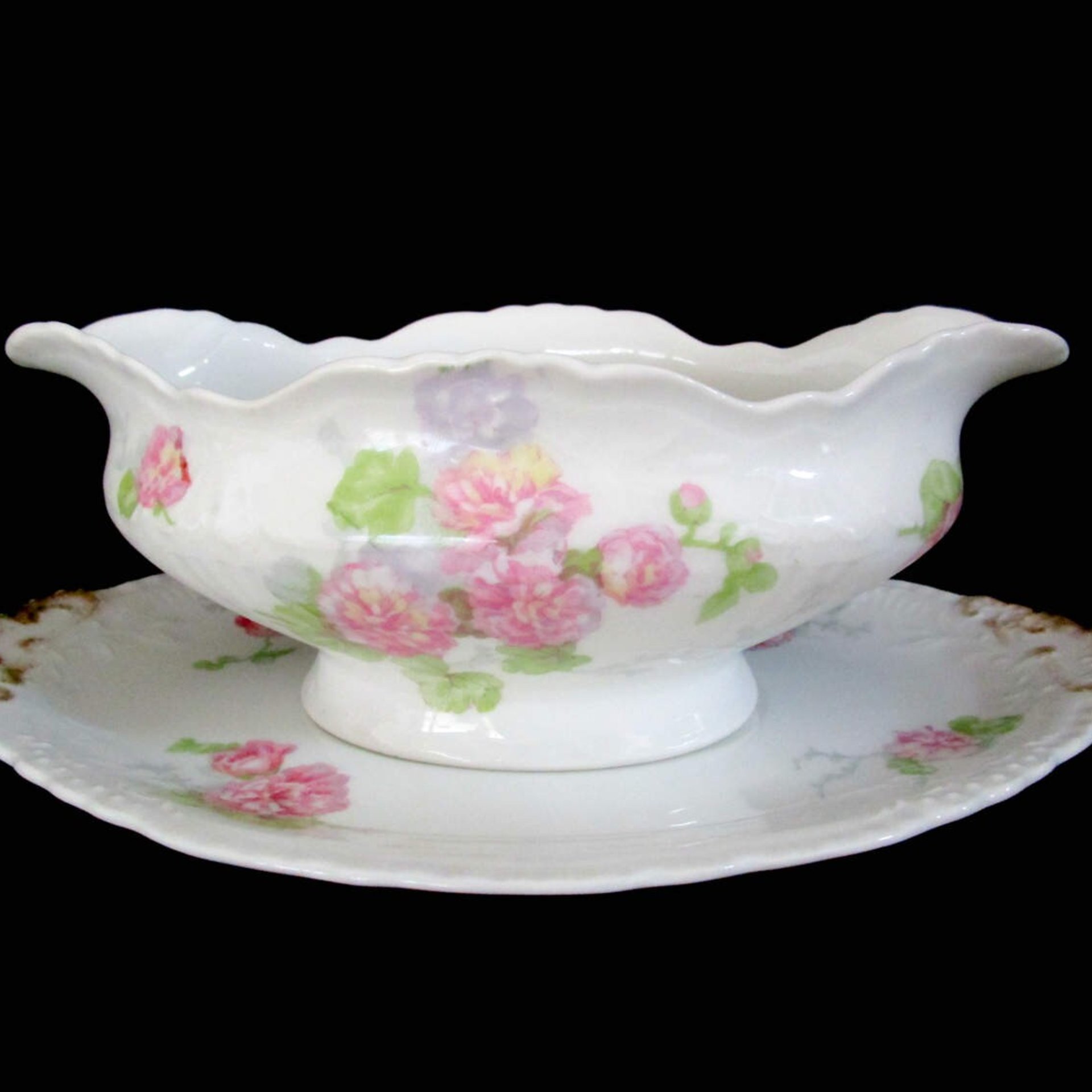 Antique Limoges Gravy Boat, Jean Pouyat, JPL Limoges, Pink Carnations, Pink Floral Limoges Gravy Boat and Under Plate, Vintage Gifts