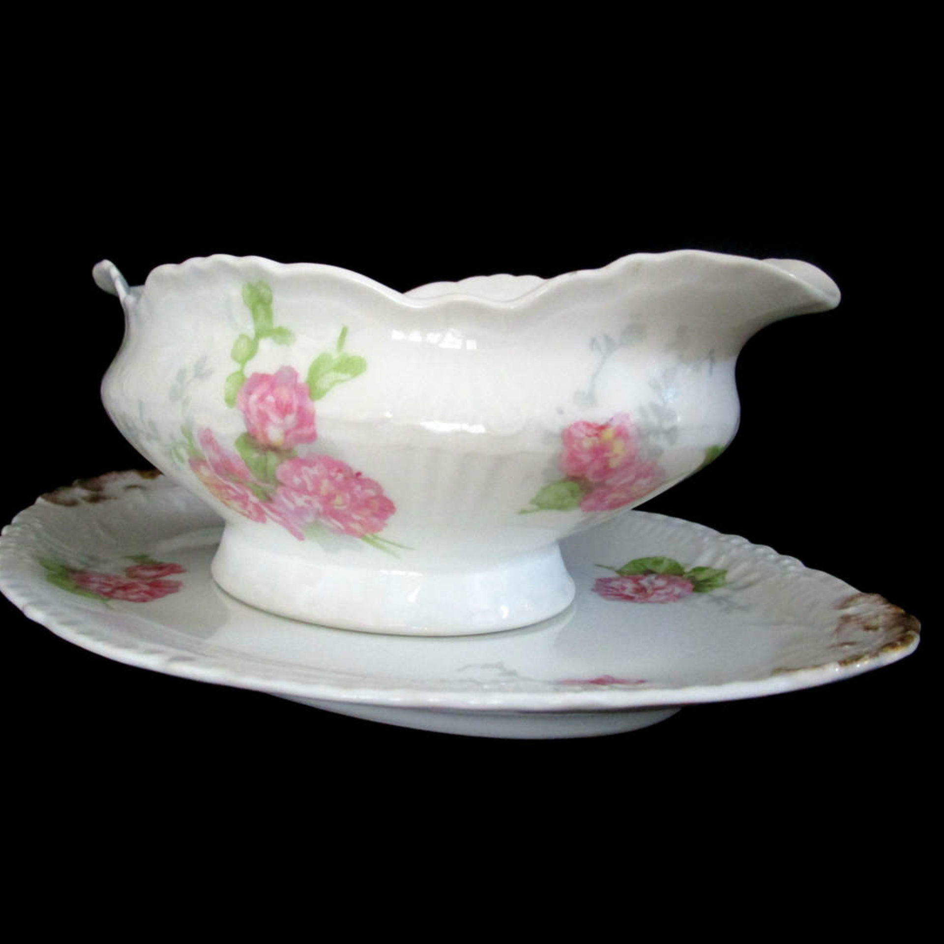 Antique Limoges Gravy Boat, Jean Pouyat, JPL Limoges, Pink Carnations, Pink Floral Limoges Gravy Boat and Under Plate, Vintage Gifts
