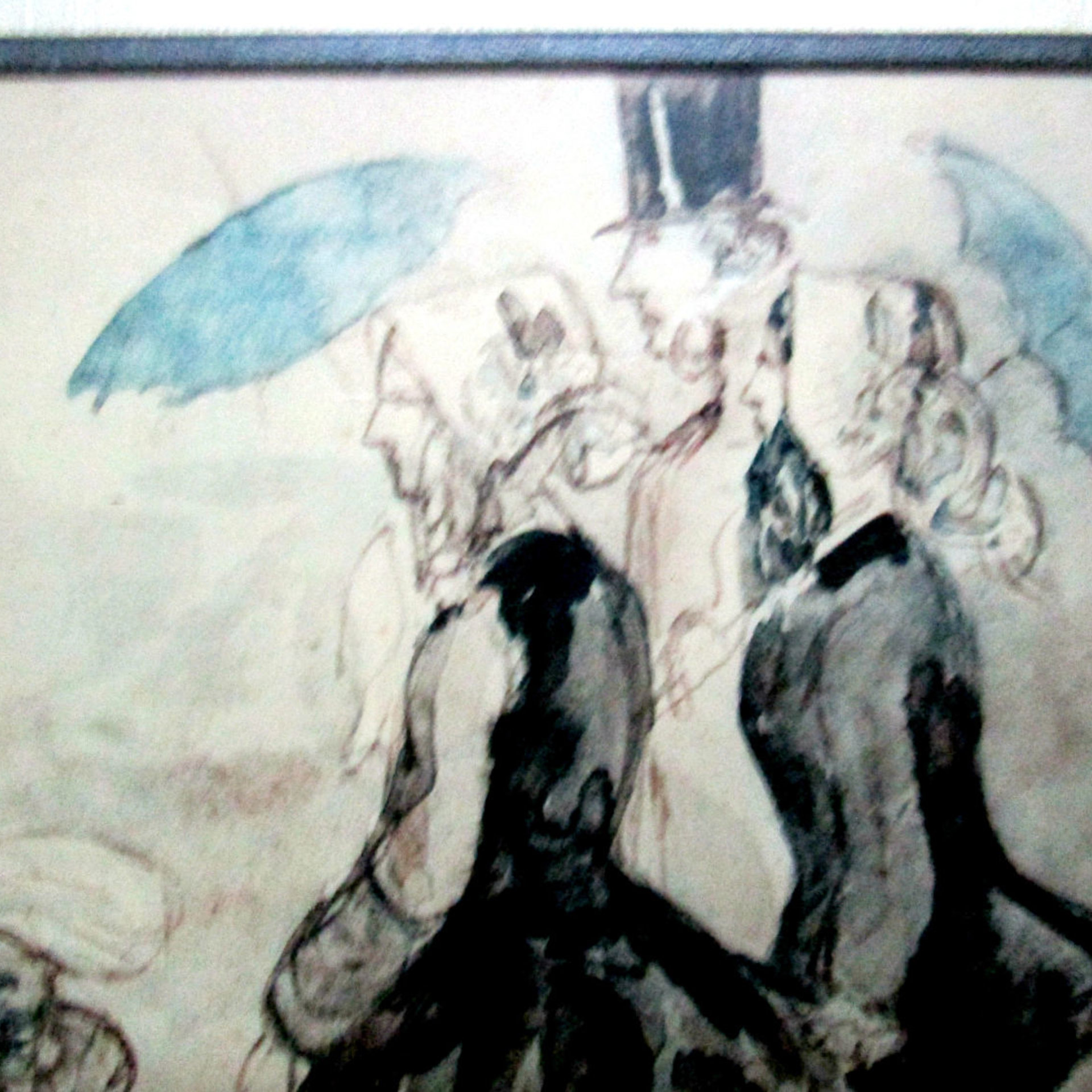 Victorian Etching, Watercolor, Victorian Ladies and Gentleman with Umbrella, Matted and Framed, Victorian Decor, Vintage Gifts