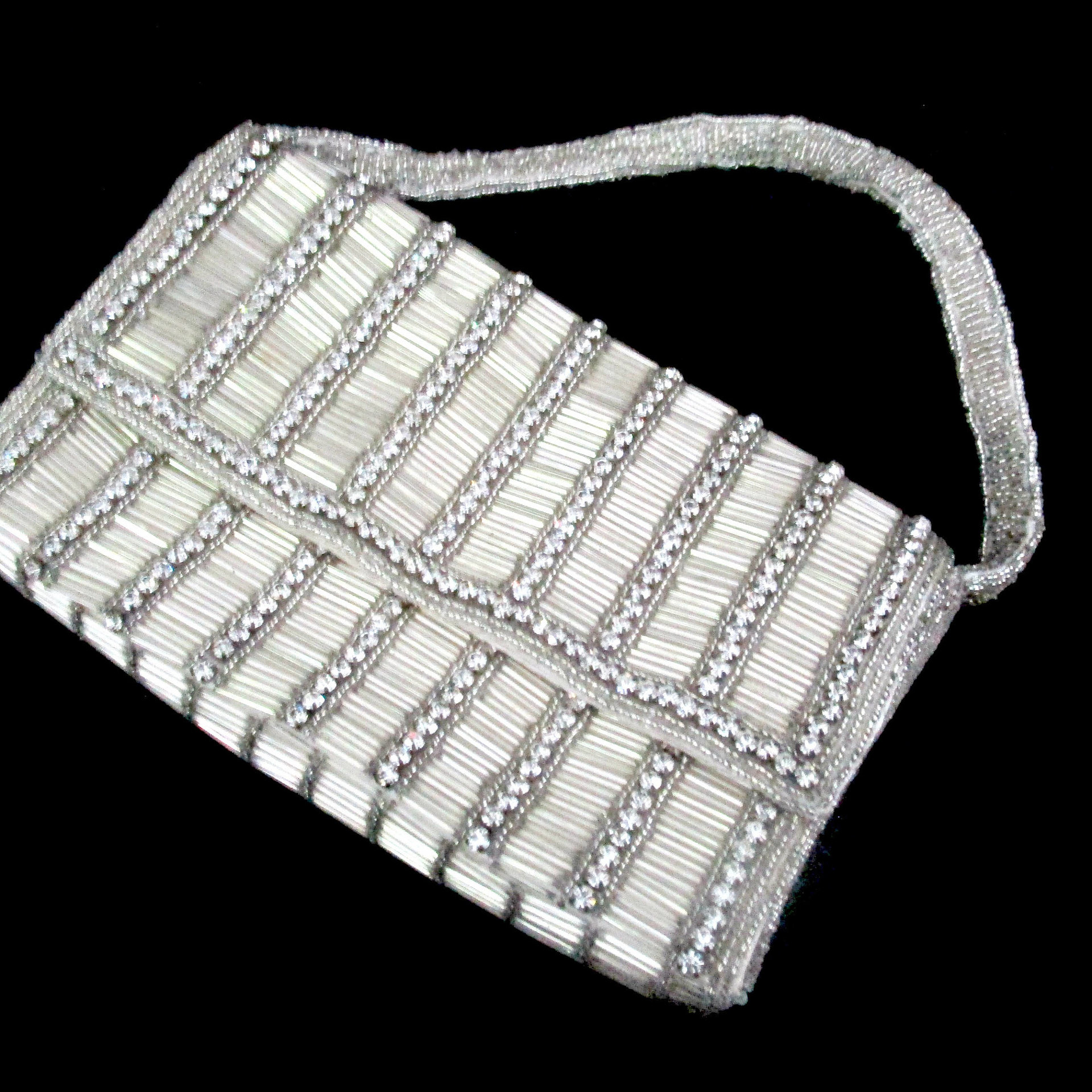 Walborg Beaded Bag, with Rhinestones, Silver Wedding Clutch, Beaded Rhinestone Evening Bag, Vintage Gifts, Make Offer