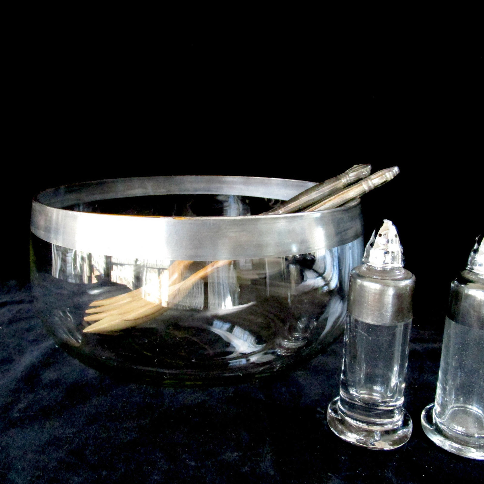 Sterling and Wood Sterling Salad Serving Set, Royal Lancer, Complete 5pc Set, Sterling Handles, Sterling Rimmed, Original Box, Make Offer