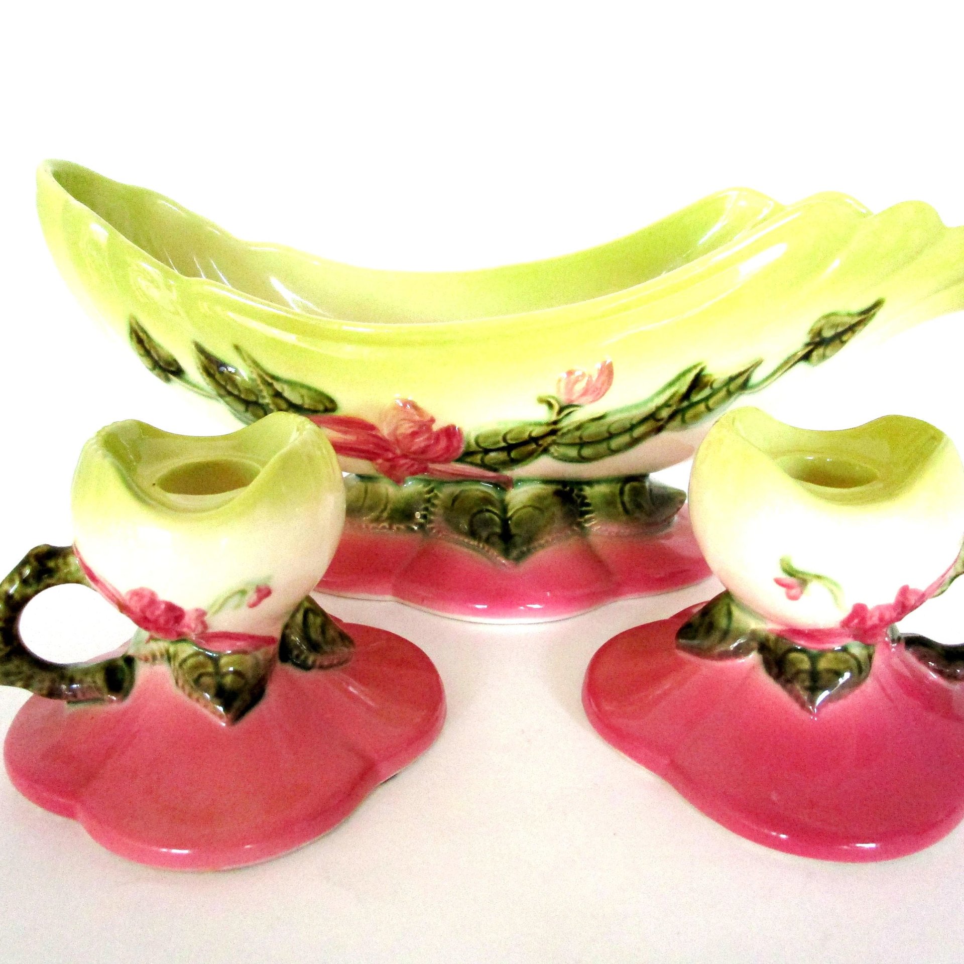 Hull Pottery, Woodland Console Bowl and Candle Holders, Hull Woodland Console Set, High Gloss, American Art Pottery, Vintage Gifts