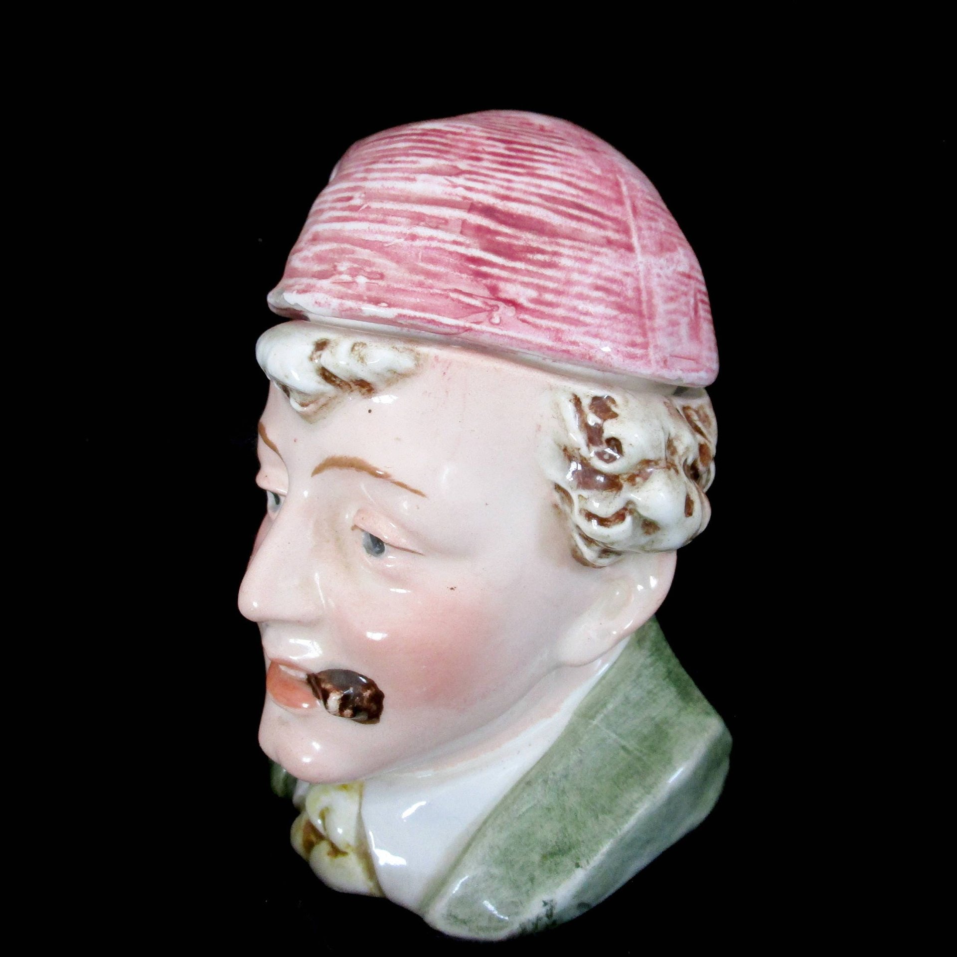 Antique Tobacco Jar Humidor, Majolica Head Container, Cigar Bar Decor, Man in Stocking Cap, Made in Germany, Vintage Gifts, Fathers Day Gift