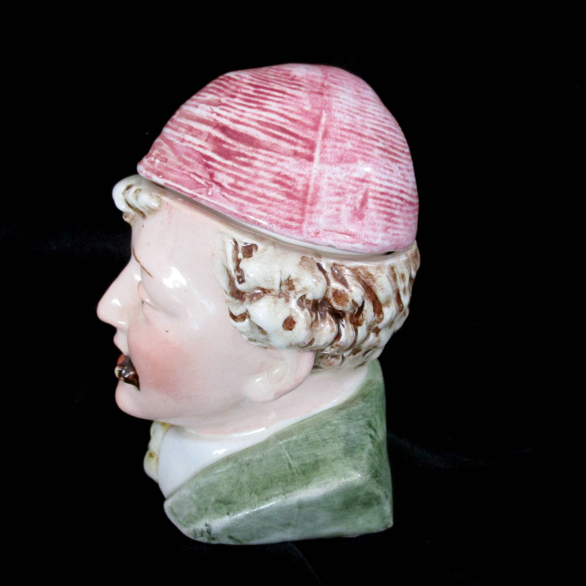 Antique Tobacco Jar Humidor, Majolica Head Container, Cigar Bar Decor, Man in Stocking Cap, Made in Germany, Vintage Gifts, Fathers Day Gift
